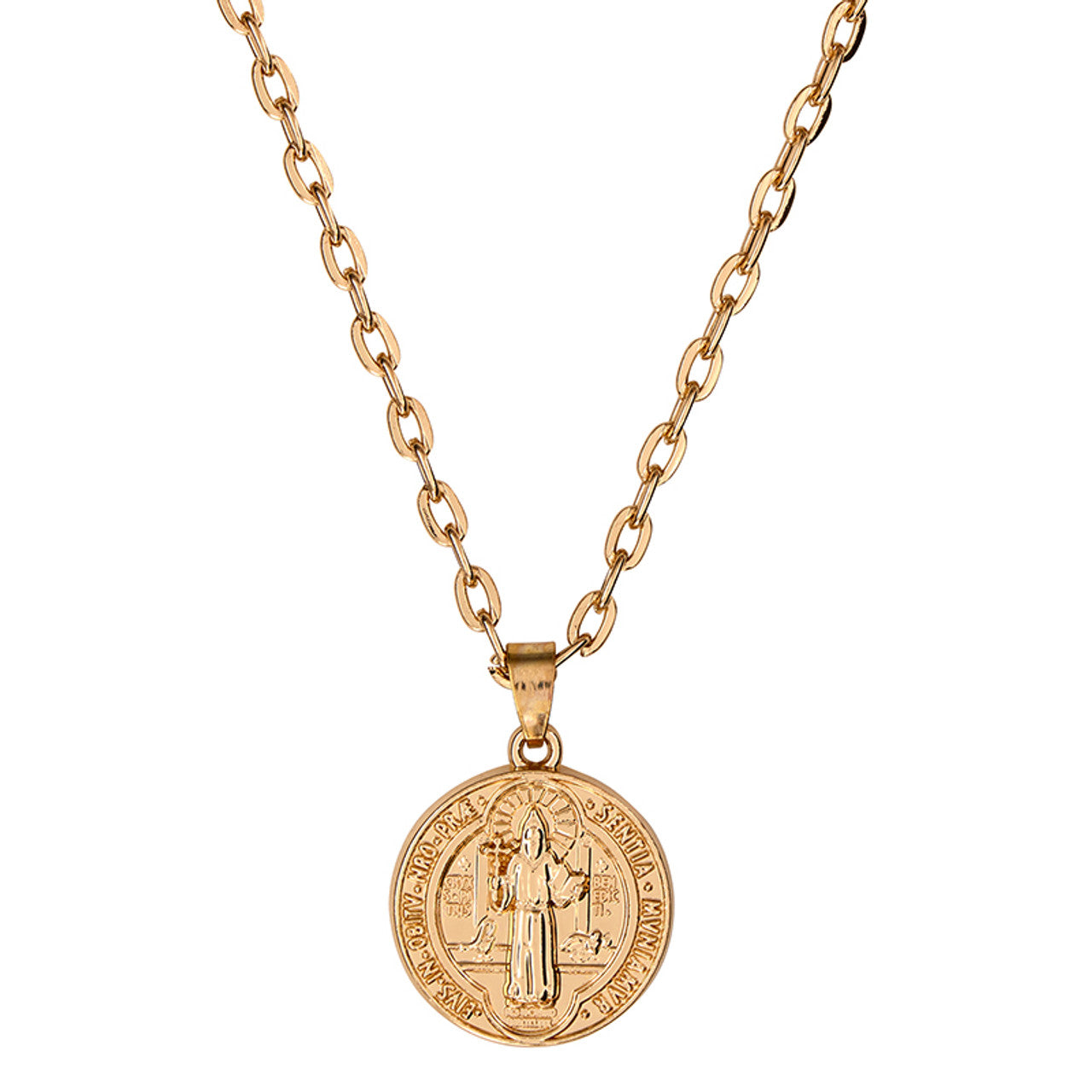 Gold Embossed St. Benedict Medal with Chain