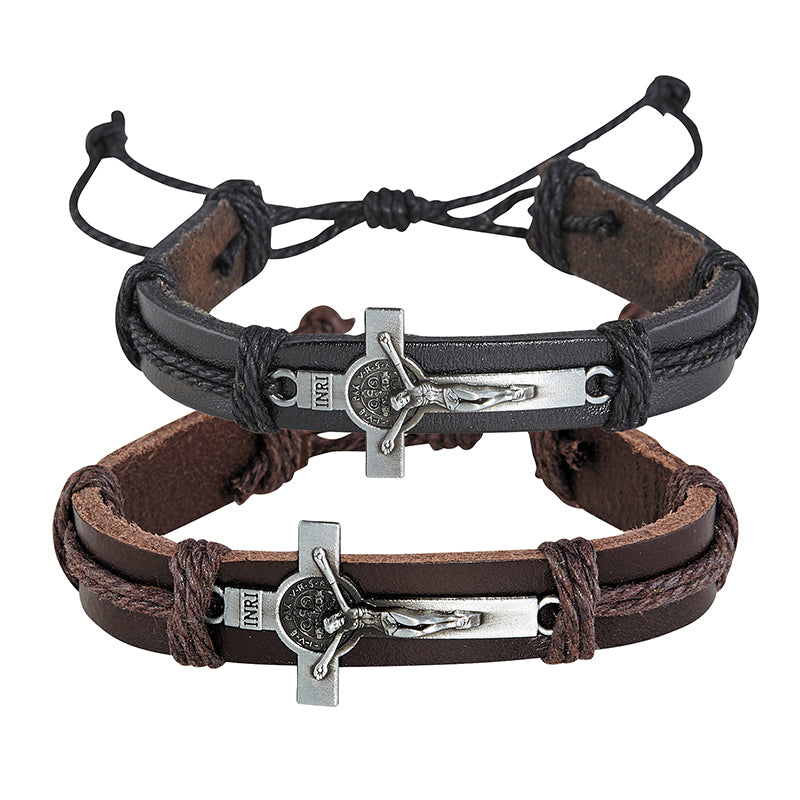St. Benedict Crucifix Leather Bracelet Black