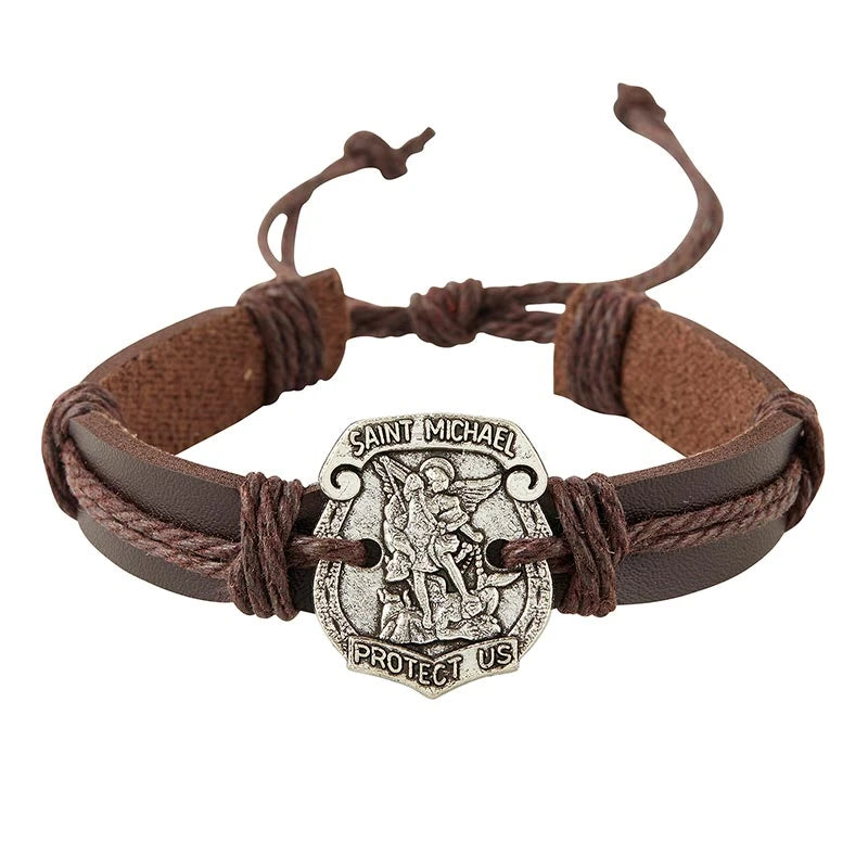 St. Michael Police Medal Leather Bracelet