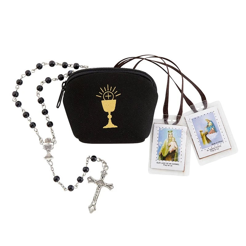 Bread of Life Black First Communion Rosary Set with Scapular and Lapel Pin