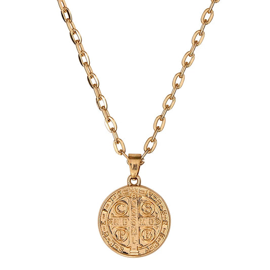 Gold Embossed St. Benedict Medal with Chain