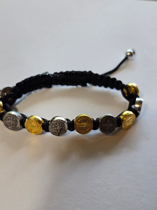 St. Benedict Gold & Silver Medals Corded Bracelet (Adjustable)